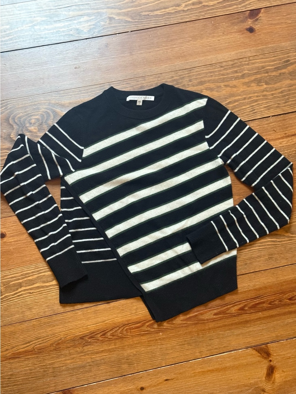 Veronica Beard Black, White, and Green Striped Crewneck Cashmere Sweater